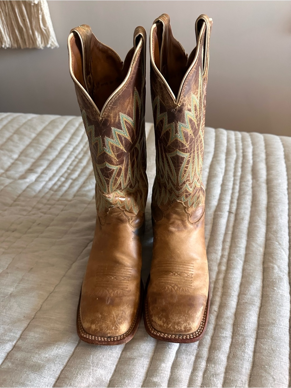Tony Lama Brown Leather Western Heeled Boots with Green Stitching - Picture 5 of 10